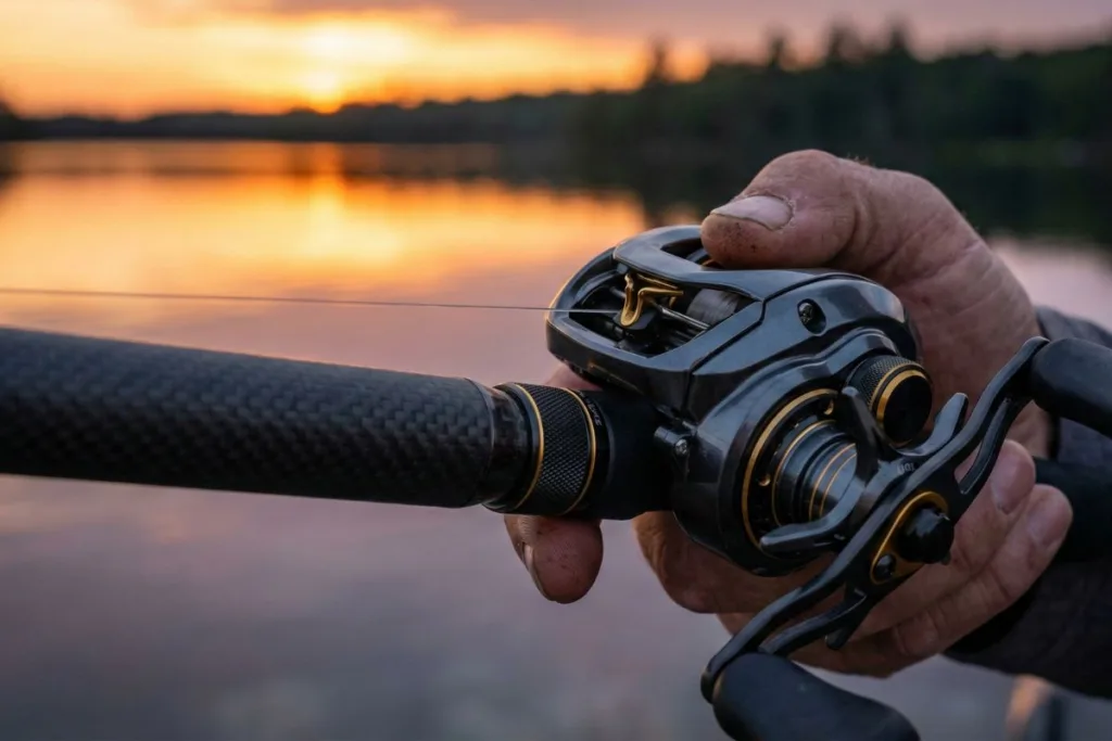 Pescador segurando uma das melhores varas de pesca carretilha ao pôr do sol.